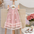 【clearance】girls' princess dress - new summer collection: stylish mesh dress with vest top, sequin detail, and bow accent