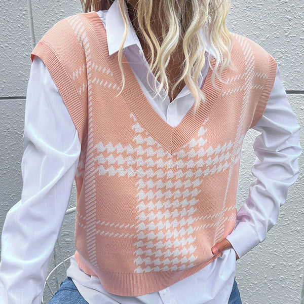 Independent Station Foreign Trade Autumn and Winter European and American Valentine's Day Women's Clothing Cross-border Pink Thousand Birds Grid Knitted Vest Vest