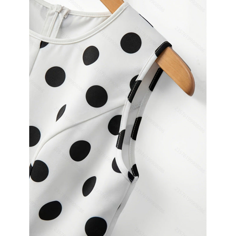 Women's summer new french chic vintage polka dot round neck sleeveless a-line tank top - perfect for going out and dating