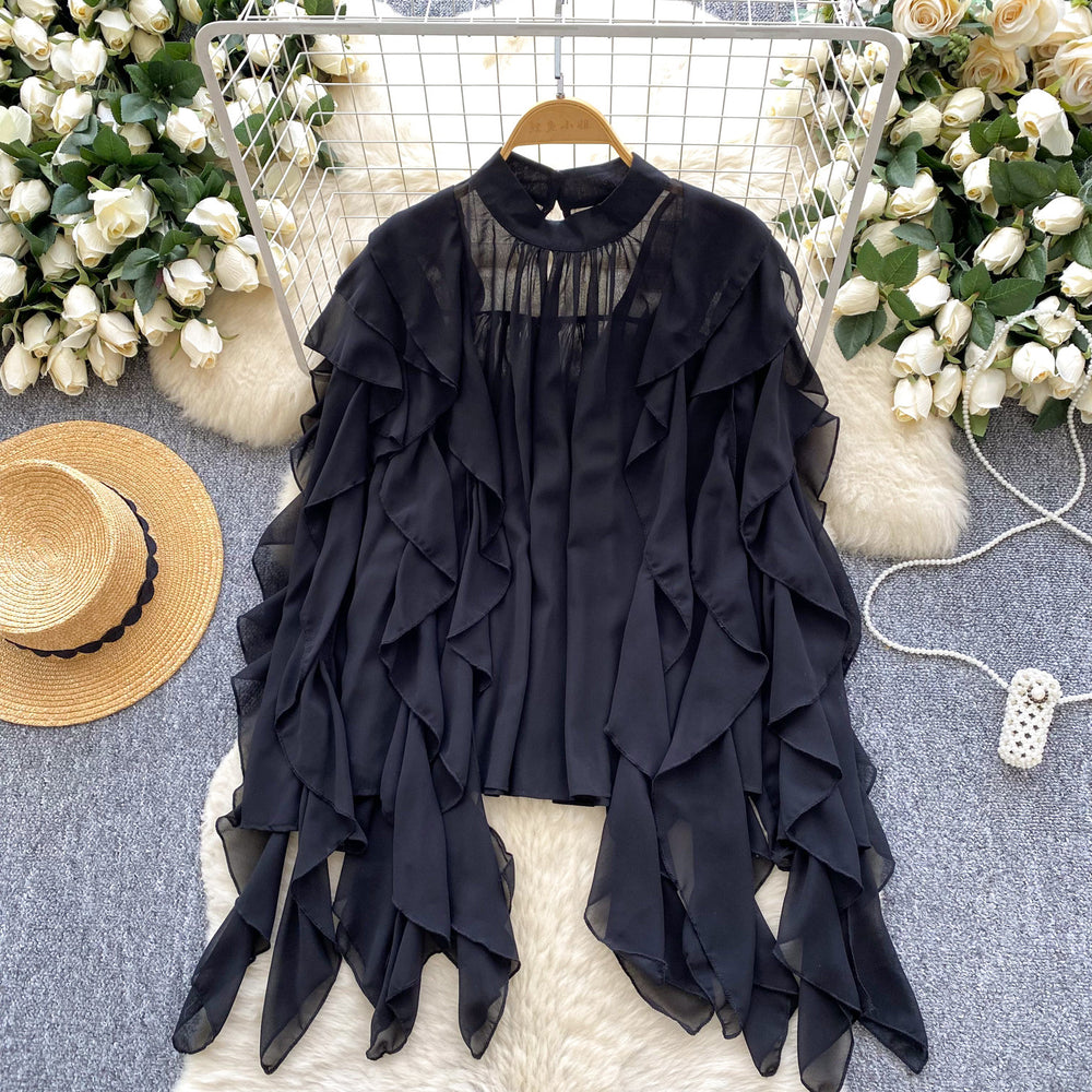 European and american fashion versatile ruffle trim chiffon blouse - women's  autumn lightweight loose fit slimming casual top