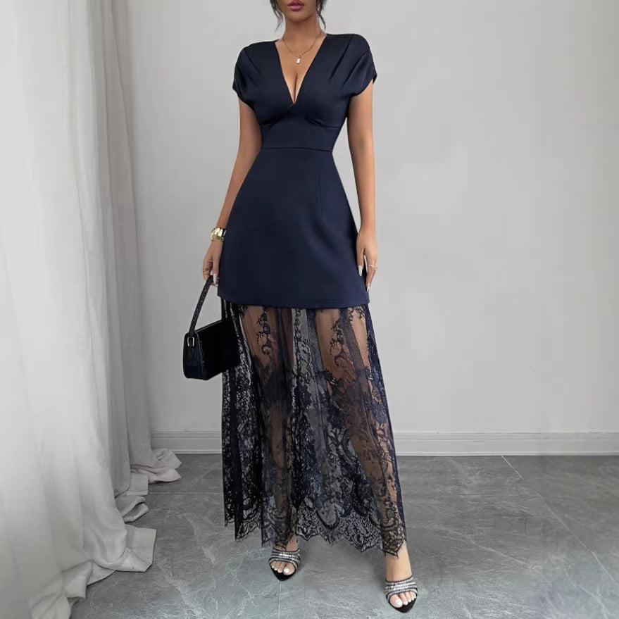 Amazon women's spring/summer new arrivals: elegant v-neck sexy urban lace patchwork short sleeve dress/gown