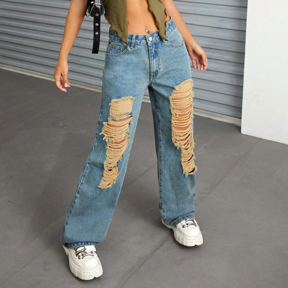 In-stock - 65056##  cross-border fashion women's casual versatile distressed wide-leg denim jeans