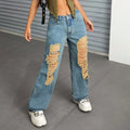 In-stock - 65056##  cross-border fashion women's casual versatile distressed wide-leg denim jeans