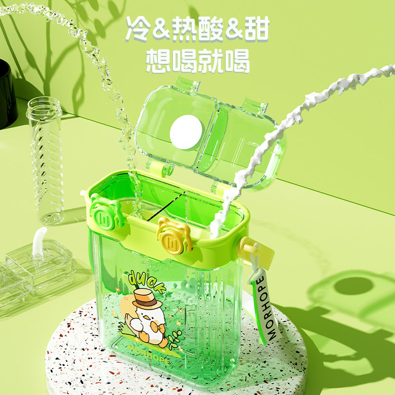 Kids' dual-drink water bottle - square straw sippy cup for school, portable crossbody punk water bottle for boys and girls