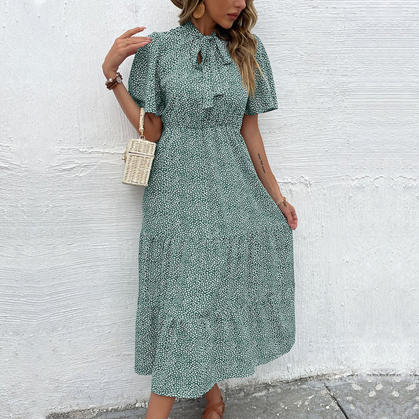 Independent Station Cross-border New Summer 2023 European and American Fashion Women's Clothing Ribbon Bow Printed Dress