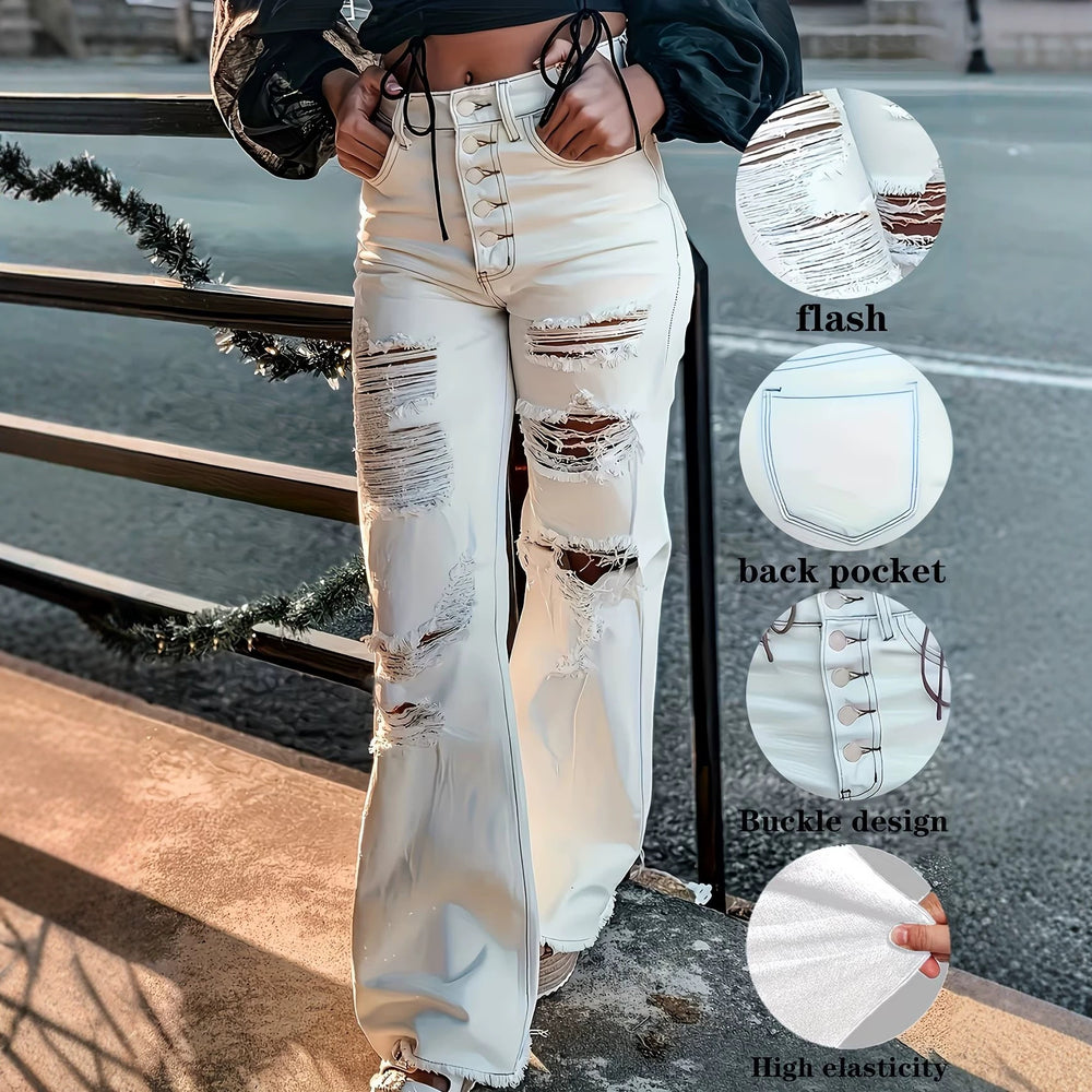 Fashion style white big hole micro-flared jeans women's high waist buttoned elastic slimming look hot girl high street style horn