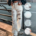 Fashion style white big hole micro-flared jeans women's high waist buttoned elastic slimming look hot girl high street style horn