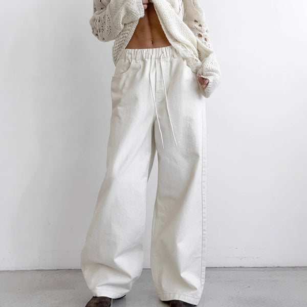 European and American simple and versatile tooling wide-leg pants 2025 spring elastic waist lace-up white pure cotton casual trousers wholesale