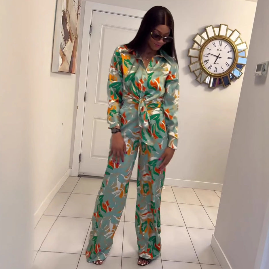 European and American fashion women's clothing lapel collar long-sleeved cardigan shirt trousers women's African temperament foreign style women's new two-piece set