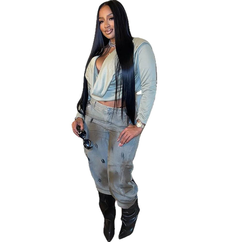 European and american retro distressed denim jeans -  new autumn/winter cross-border women's fashion - washed, painted, and dirty denim long pants