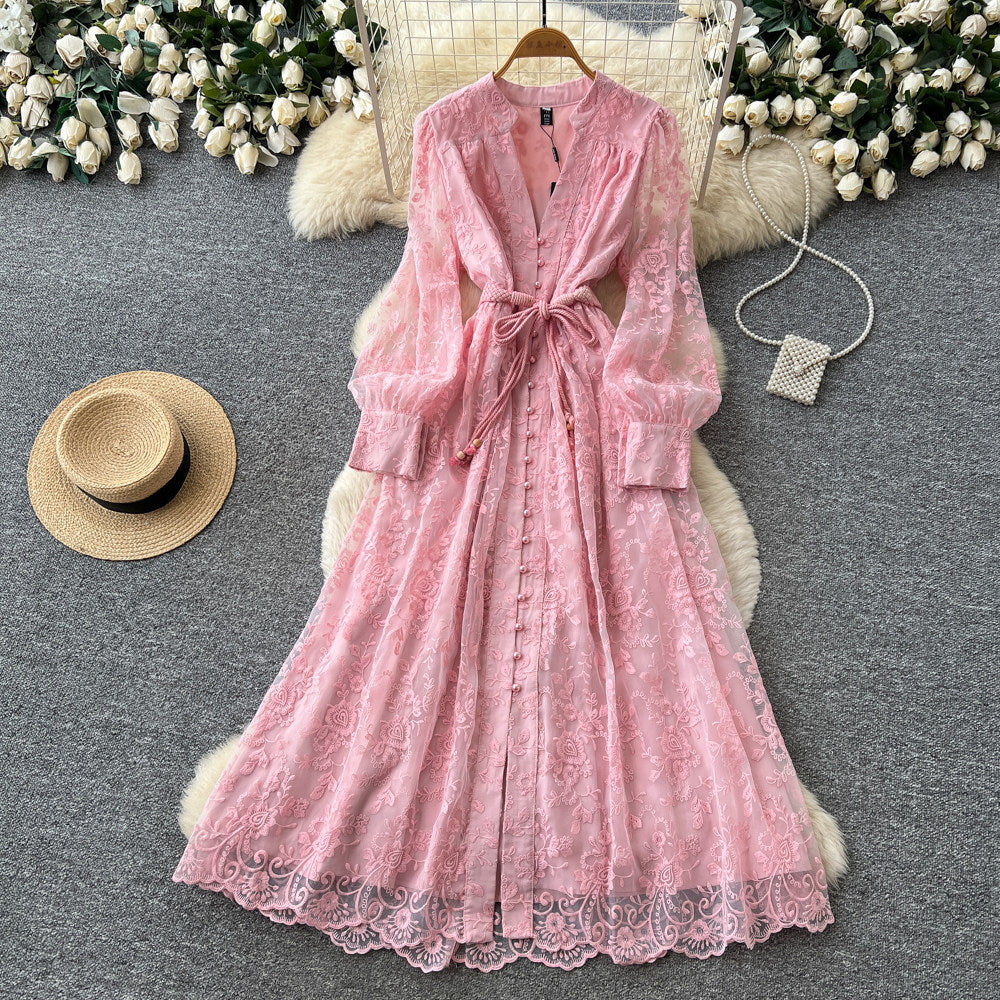 French court style v-neck lace embroidered dress - women's summer long sleeve, slimming a-line maxi dress, elegant and chic