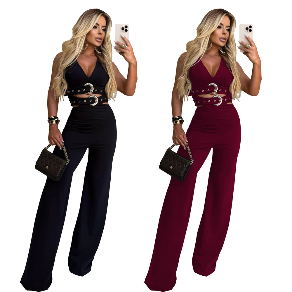 C7499 cross-border   fashion women's v-neck decorative buckle belt top and pants set