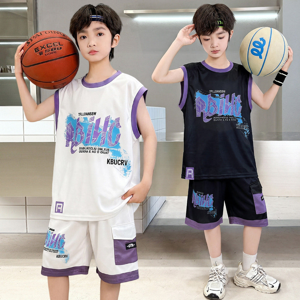 Boys'  summer new sleeveless tank top and waffle knit shorts set - trendy two-piece casual outfit for mid-to-large children