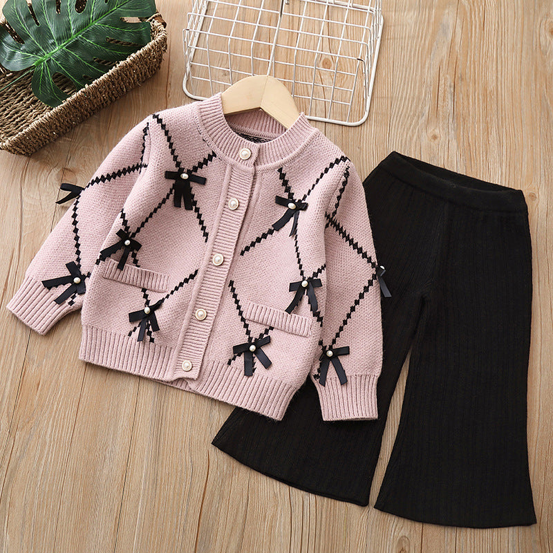 Girls' knitted sweater set, kids' two-piece outfit,  new style baby girl bowknot cardigan set, ages 1-8