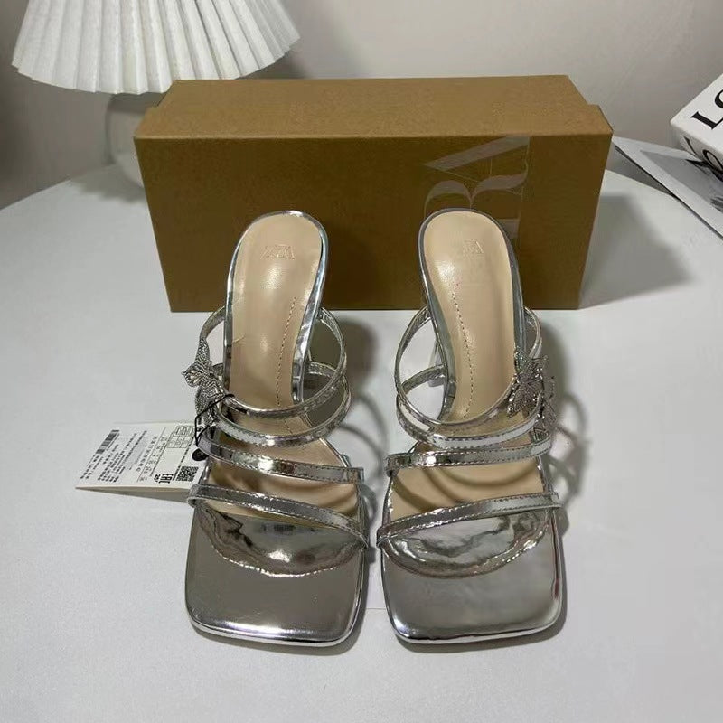 2024za new summer women's high heels - single strap, low-cut, square toe, metal butterfly buckle detail, silver open back sandals
