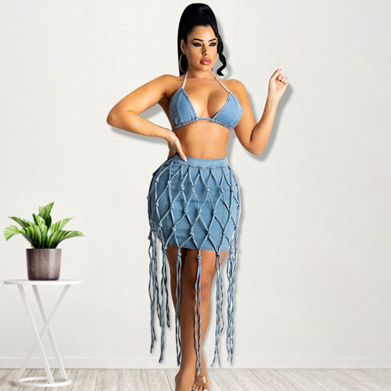 Amazon  hot selling women's skirt fashionnew arrivalhigh waistsexyexport woven belt denim skirt