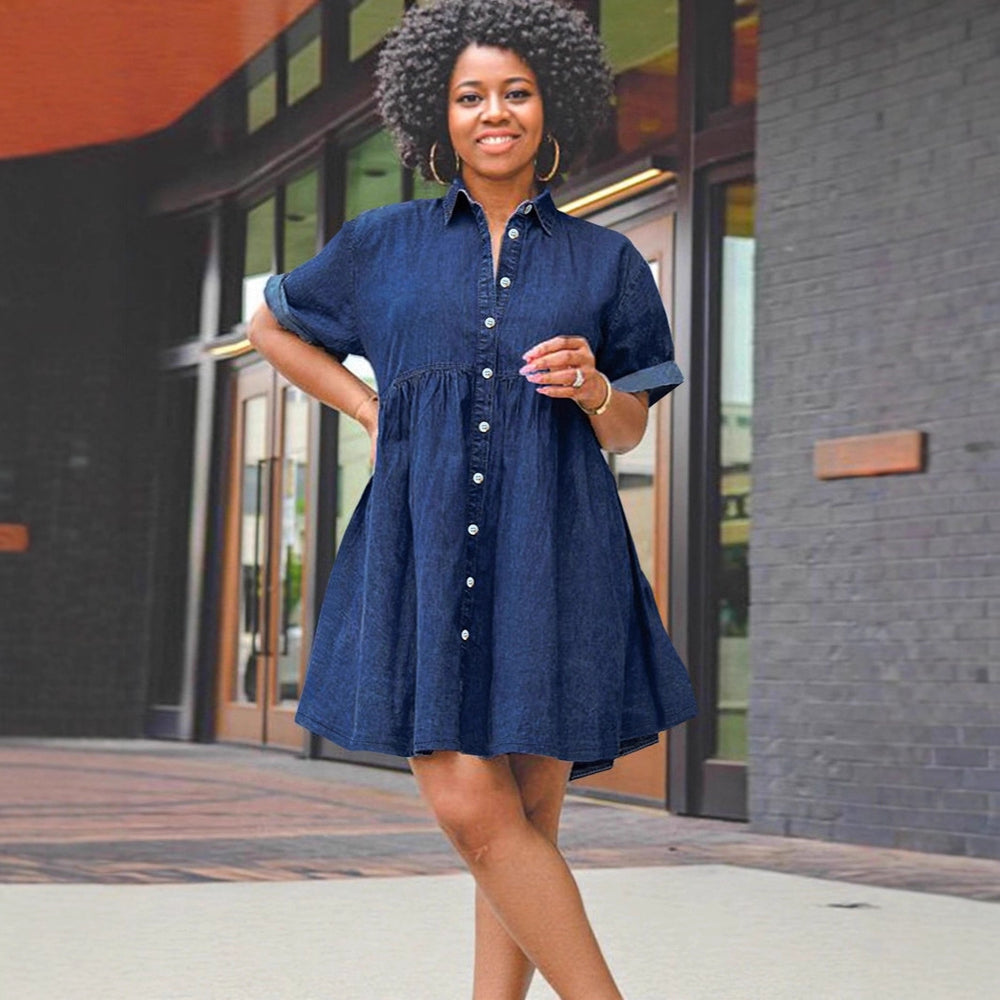 Summer  cross-border plus size women's fashion: european and american street style new trendy denim short-sleeve slim-fit dress