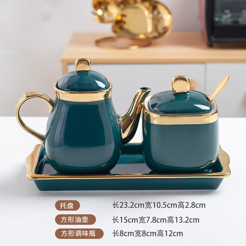 Luxury ceramic seasoning set - home kitchen utensils, spice jars, oil dispenser set with tray, wholesale seasoning containers