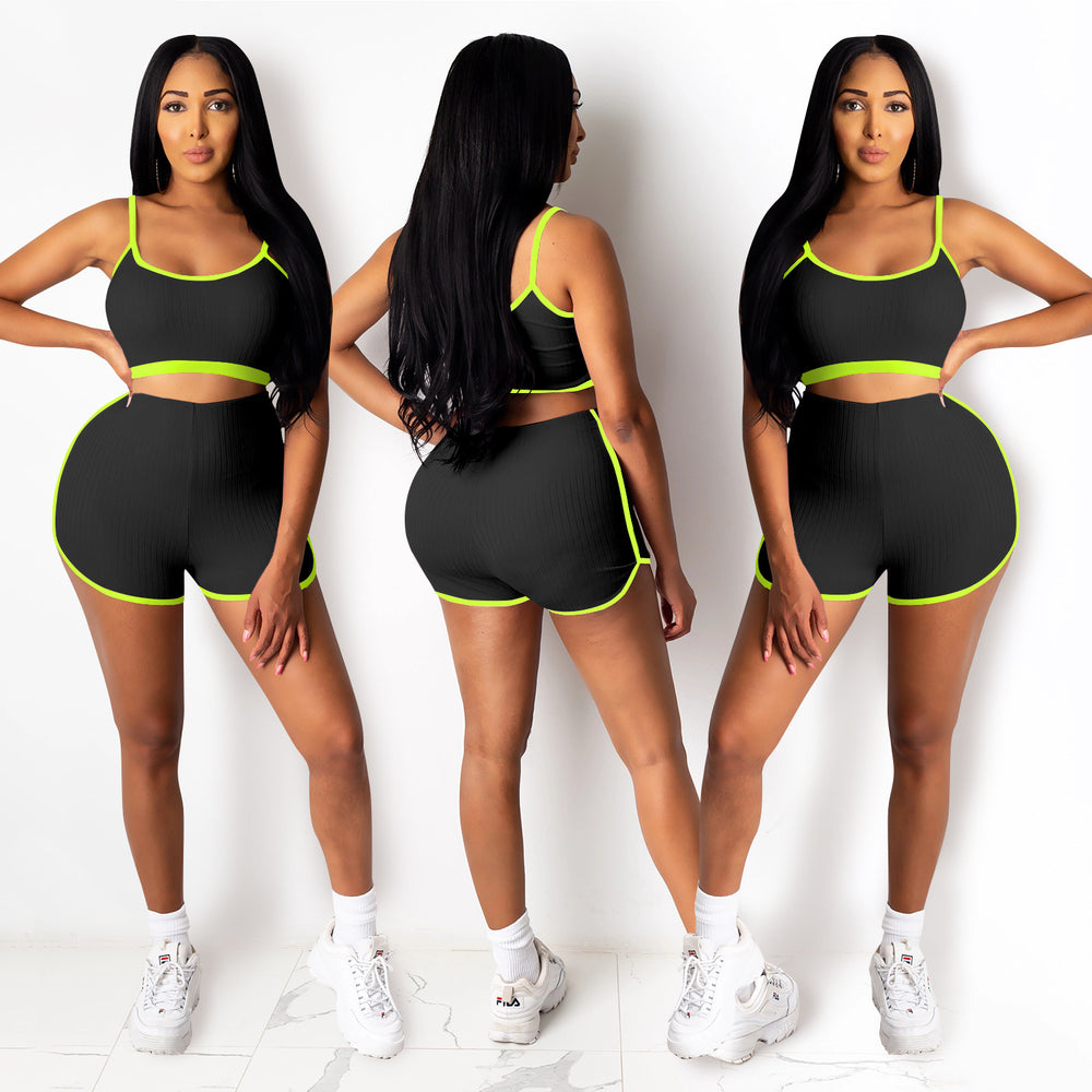 C3635 in-stock cross-border   fashion european and american women's yoga cropped tank top two-piece set