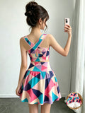 girls' activewear set: colorful geometric camo sleeveless tank top & high-waisted faux two-piece skirt - kids' two-piece outfit