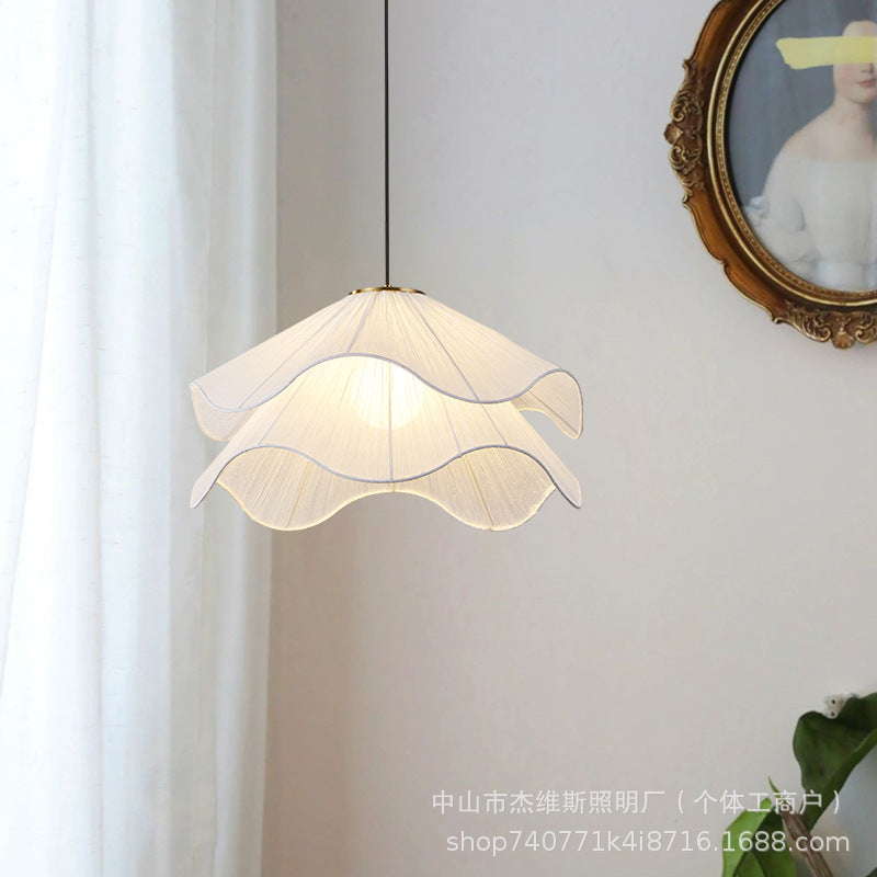 Creamy double-layer ruffle fabric french-style chandelier - gentle pleated petal single head pendant light for dining room table and bedroom