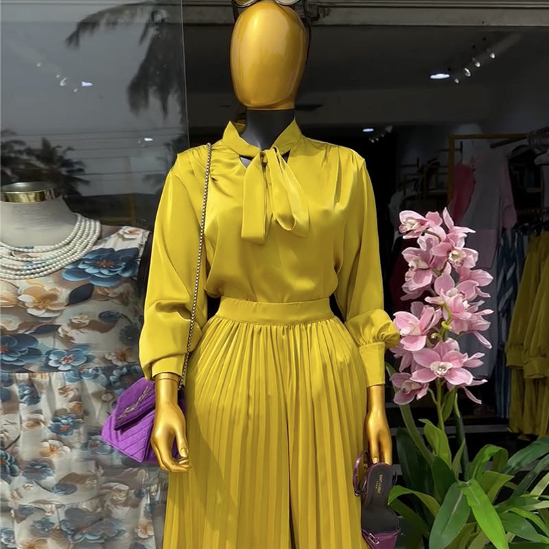 European and american cross-border women's fashion:  spring new collection - stylish tie-waist long sleeve blouse and high-waisted pleated wide-leg pants set