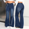Fashionjeans women's side-breasted slit slightly flared pants dark blue washed elastic silm showing leg length hot girl pants
