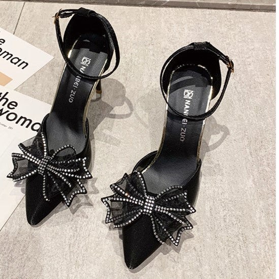 2025 summer new bow buckle high heels women's european and american celebrity stiletto pumps outer wear shallow mouth fashion women's shoes