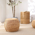 Rattan chinoiserie solid wood straw makeup low drum stool for home living room coffee table shoe changing stool guzheng piano board tall round stool
