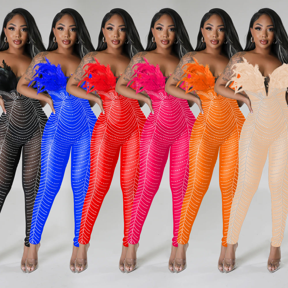 C6735 cross-border   fashion women's solid color sexy mesh rhinestone hot pants jumpsuit