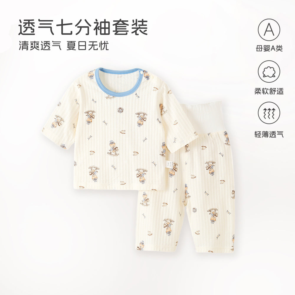 Baby pajamas pure cotton thin kids home clothes summer boys and girls three-quarter sleeves air-conditioning clothes high waistseparatessuit