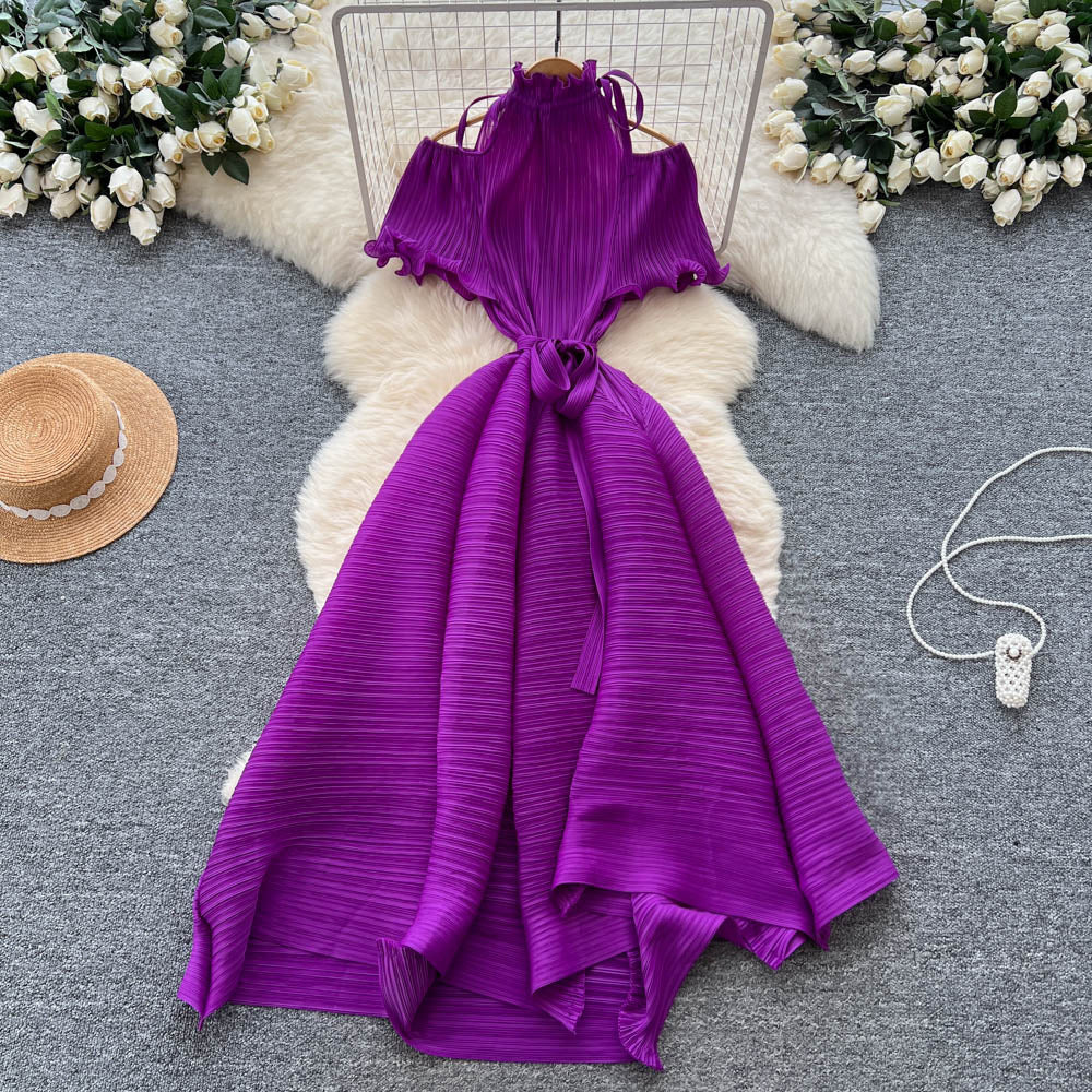 European and american style high-end short-sleeve dress for women - autumn off-the-shoulder ruffle stand collar tie-waist design - mature woman maxi dress