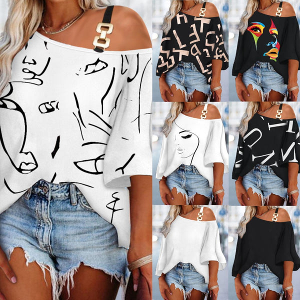 2023 New  Independent Station Autumn European and American Fashion Splicing Loose Casual Top Women's Printed T-Shirt