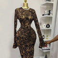 European and american cross-border women's fashion  summer new sexy elegant round neck printed ruched long sleeve dress two-piece set