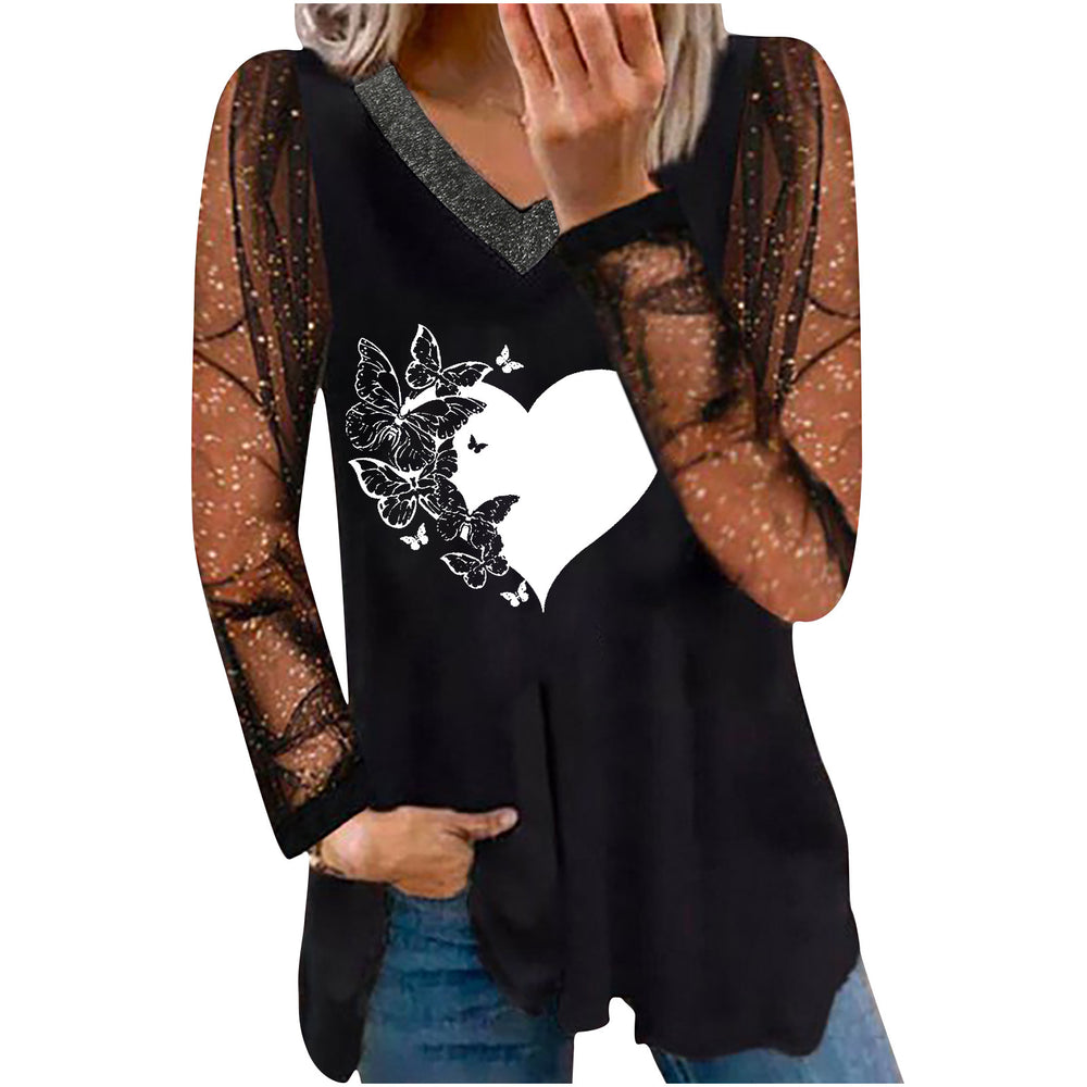 women's casual printed v-neck lace trim gold edge long sleeve t-shirt - in stock