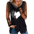 women's casual printed v-neck lace trim gold edge long sleeve t-shirt - in stock