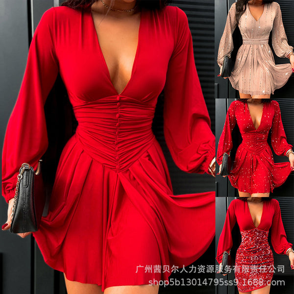 Wish   new red deep V lantern sleeve waist dress-LZR17673 series