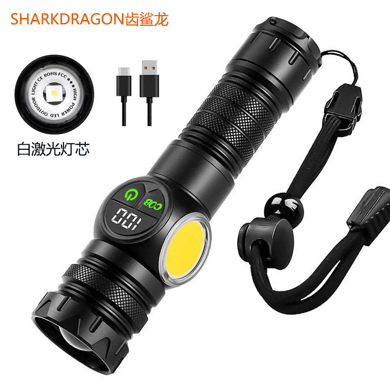 Cross-border white laser strong light flashlight Type-C charging screen display strong magnetic COB side light double switch LED flashlight