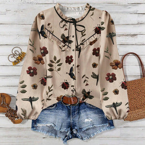 European and american cross-border retro style plus size women's blouse - printed stand collar tie-waist loose fit slimming long sleeve shirt