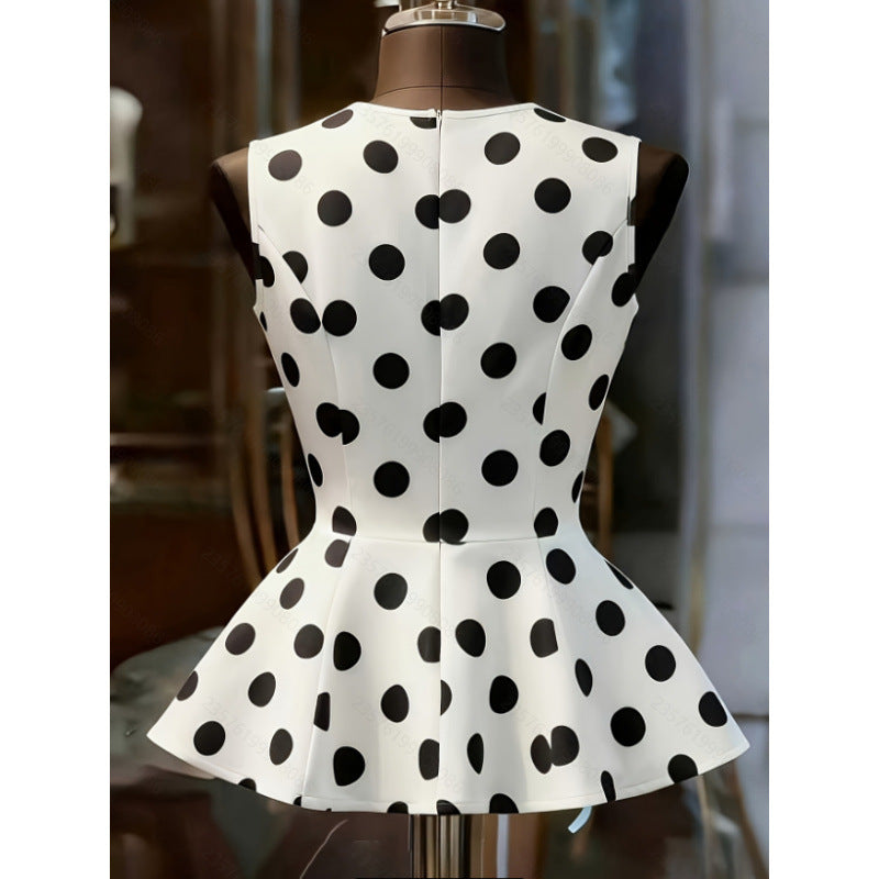 Women's summer new french chic vintage polka dot round neck sleeveless a-line tank top - perfect for going out and dating