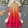 fashion gradient lantern sleeve pleated dress - women's spring/autumn loose a-line maxi dress