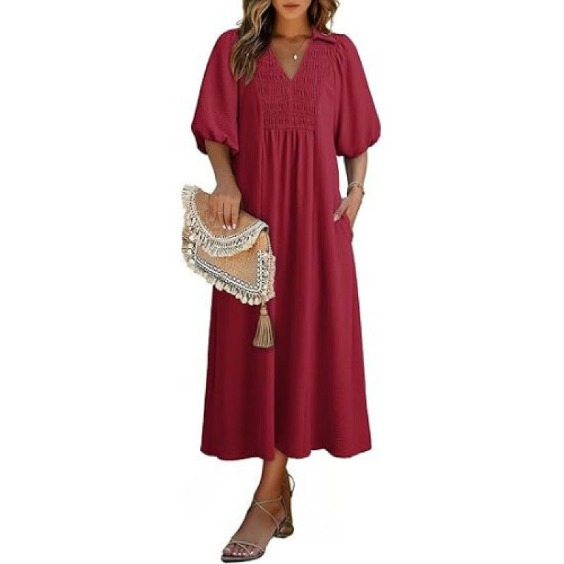 Amazon fashioncasualv neckpuff sleevedresssummernew arrivala line waist slimming look skirt