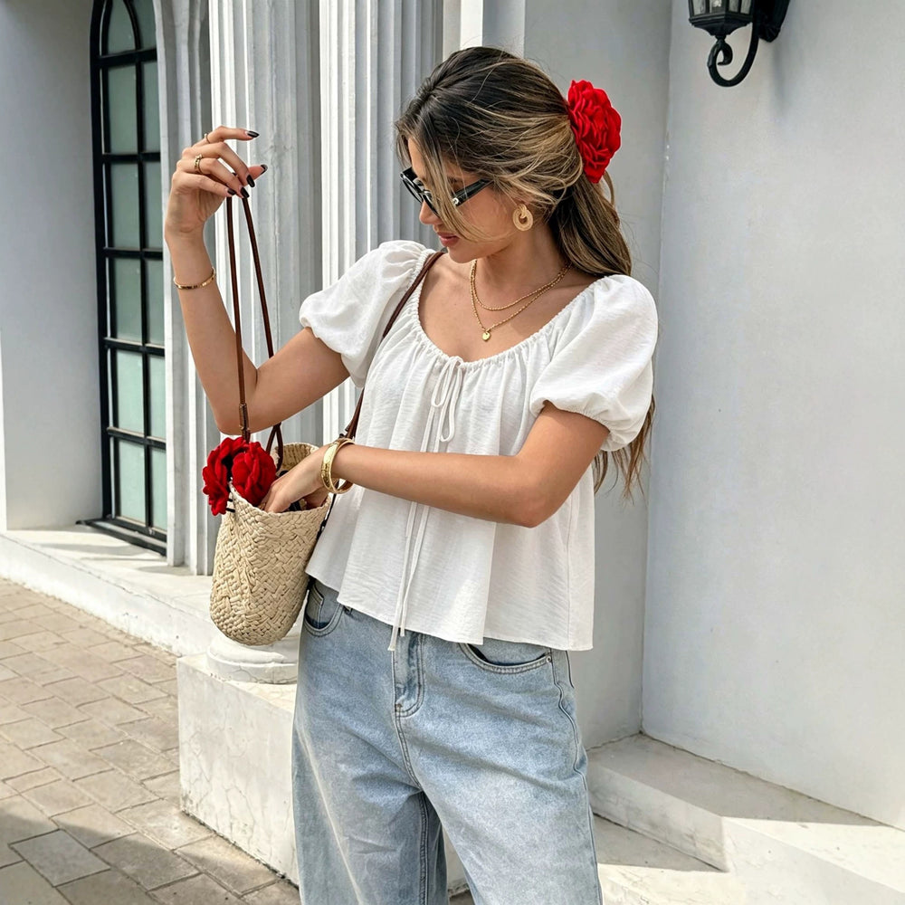new bubble sleeve short-sleeve t-shirt for women, u-neck drawstring design, unique korean style casual versatile top