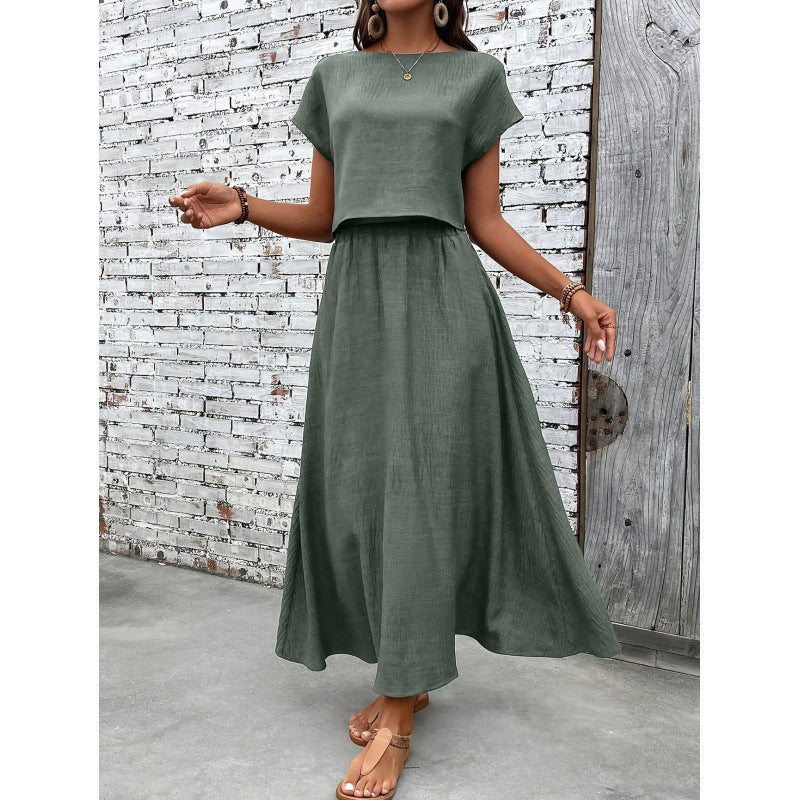 fashion  2-piece set of women's pure color short-sleeved tops and casual a-line skirt suit