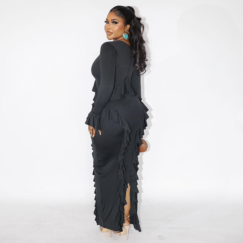 European and american women's clothing  autumn new sweet and fresh v-neck bell sleeve ruffle high-waisted slimming bodycon dress