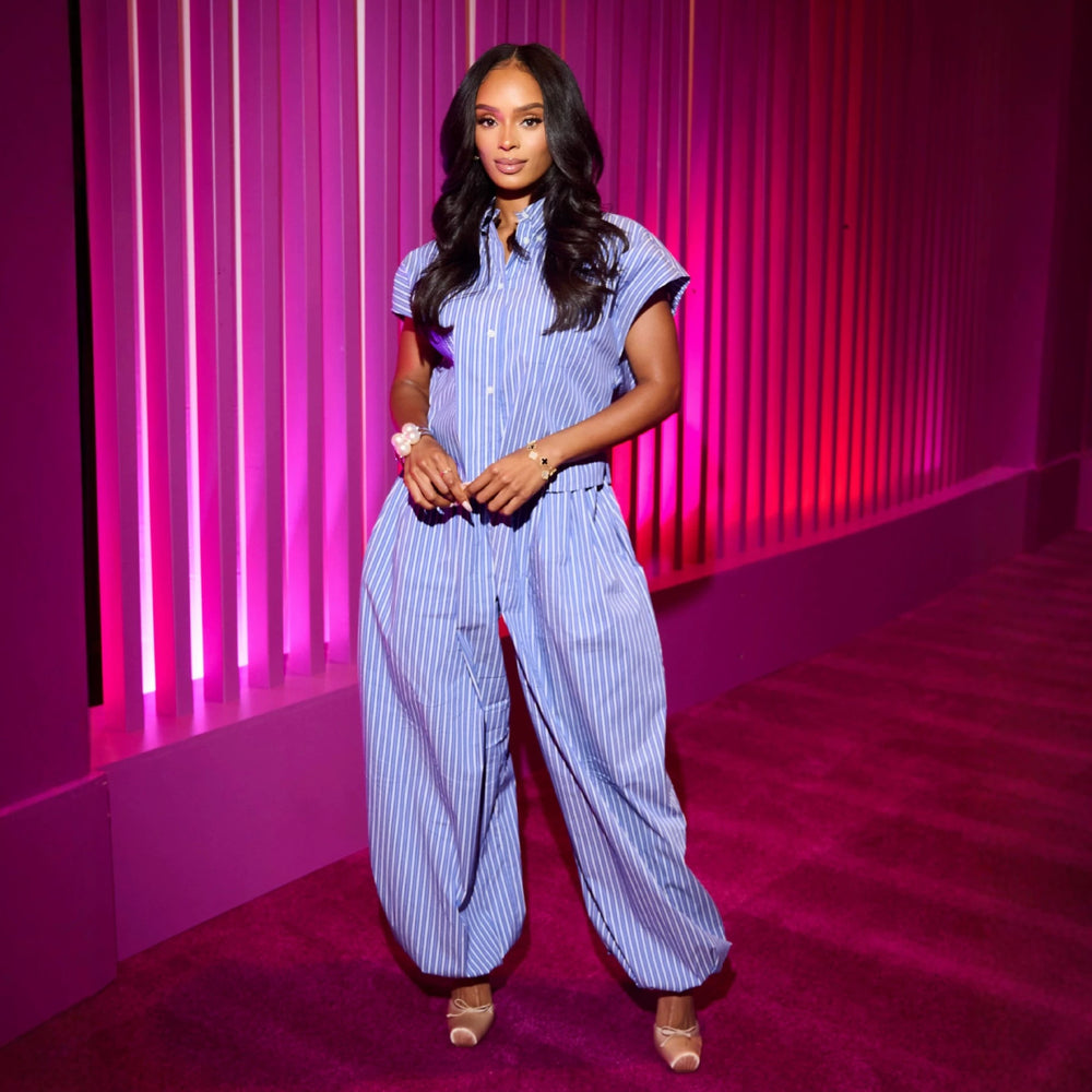 European and american cross-border women's fashion  summer new arrival: stylish casual striped short-sleeve shirt and high-waisted jogger pants set