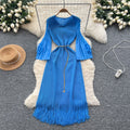 European fashion dress women's  new arrival: high-end tie-waist, collared, floral sleeve, pleated, tassel hem maxi dress