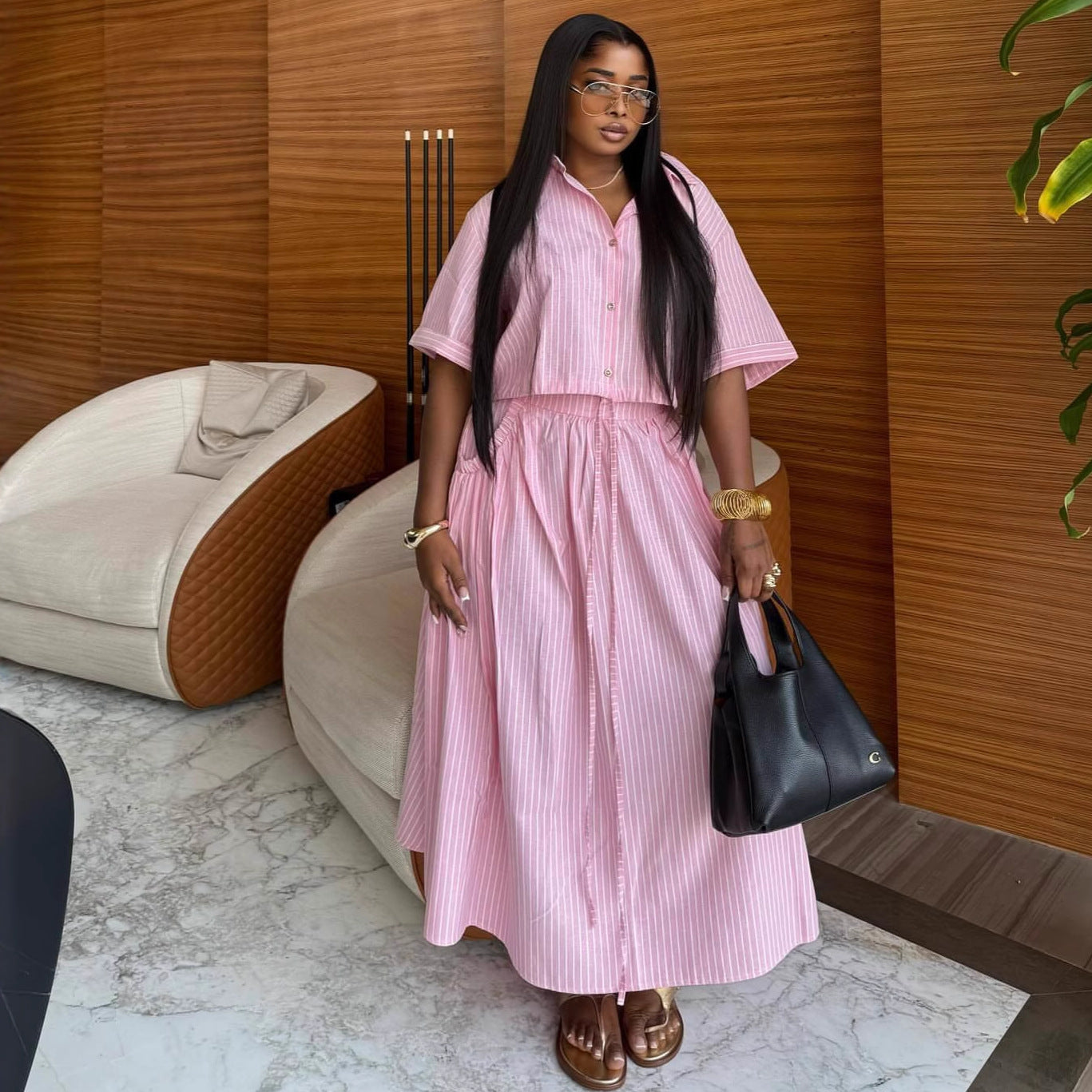 European and American lapel striped short-sleeved cardigan shirt high waist slim-fitting strap skirt African new fashion two-piece set