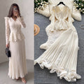 French chic v-neck lace top & high-waisted pleated skirt two-piece set - autumn's elegant & luxurious choice