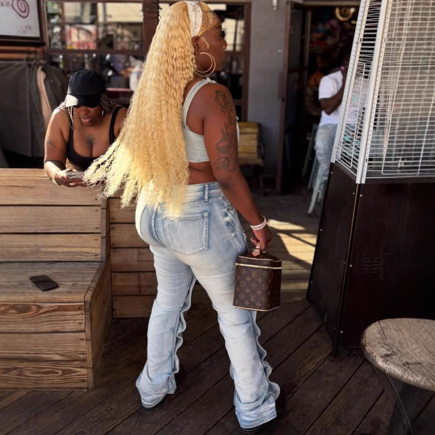 European and american style women's jeans -  cross-border fashion - summer trendy button-up patchwork 3d pocket denim cargo pants